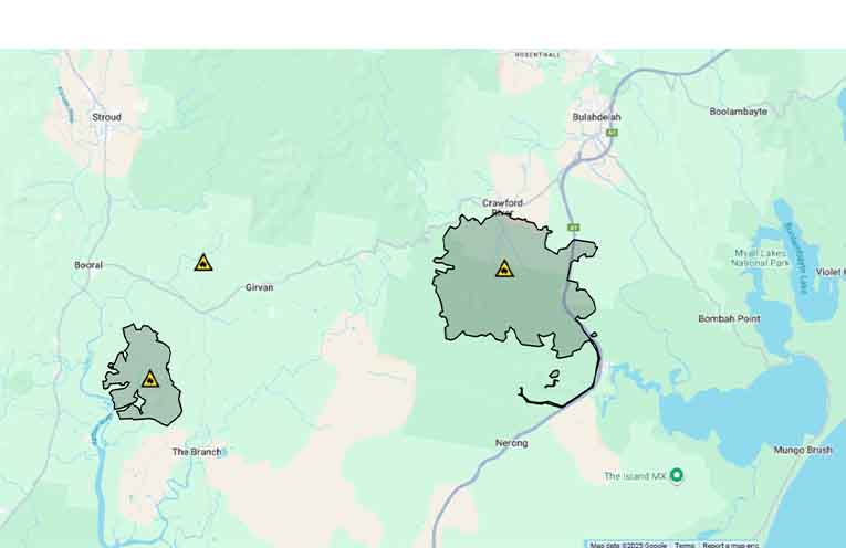 The large fire north of Nerong with backburning along the highway, and another fire along The Branch Lane to the west: Image: Monday, RFS Fires Near Me.