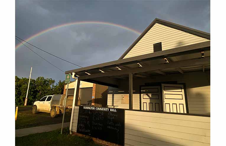 A rainbow over Barrington Community Hall ahead of Grace and Hugh’s September 6 concert, continuing the hall’s long tradition as a place for music and community. Photo: Sonja Duncan.